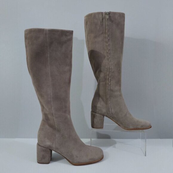 Vince Maggie Knee High Boot Womens 8 Taupe Suede Tall Block Heel Fall Neutral - Picture 3 of 14